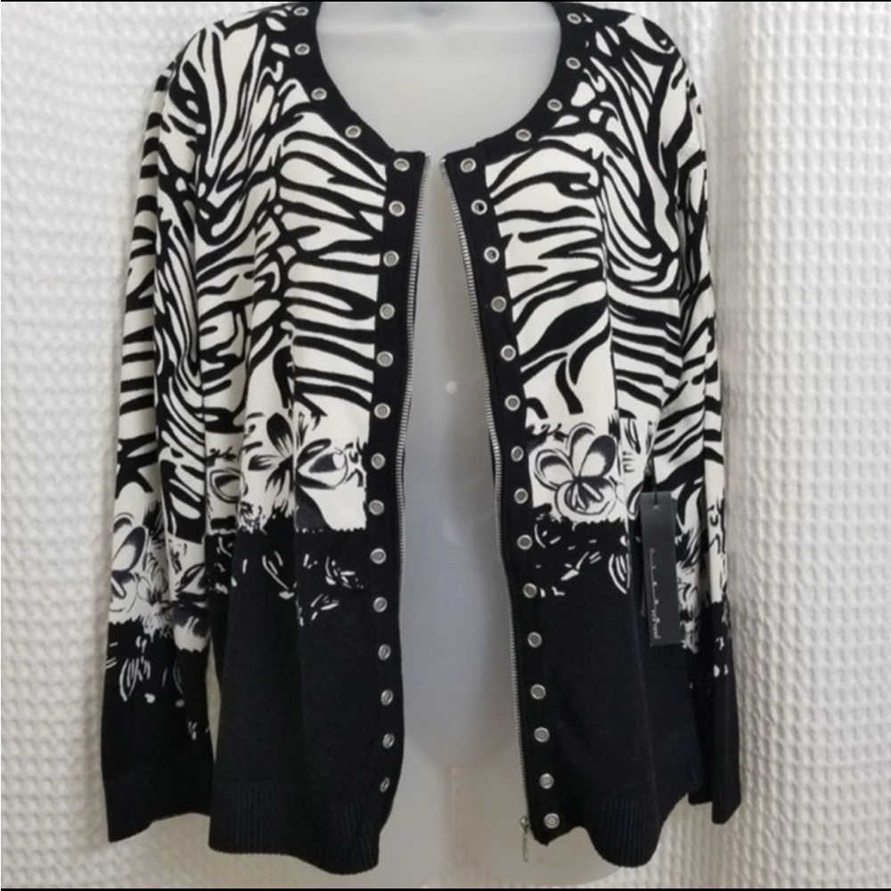 NWT Pierri NY cardigan black/white zebra print with grommets and zipper XL - Picture 2 of 8